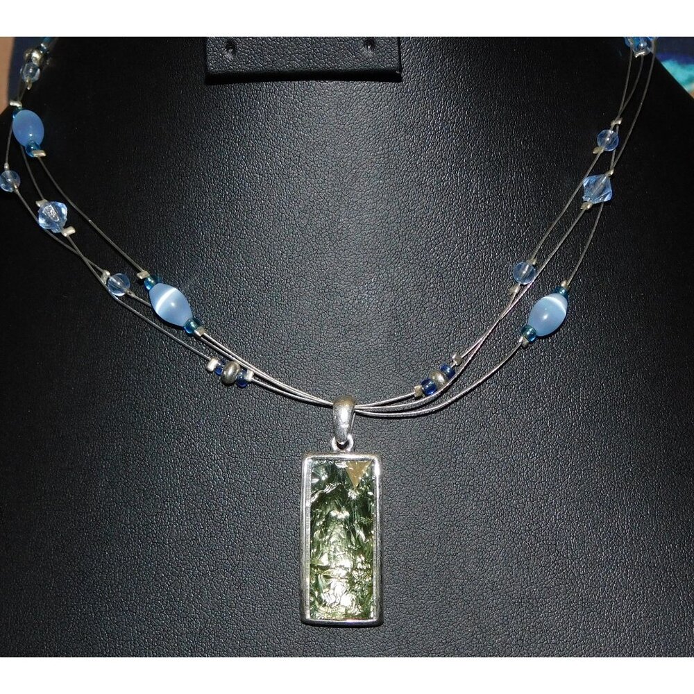 Unique Foil Crackle Pendant And Blue Glass Beaded Necklace